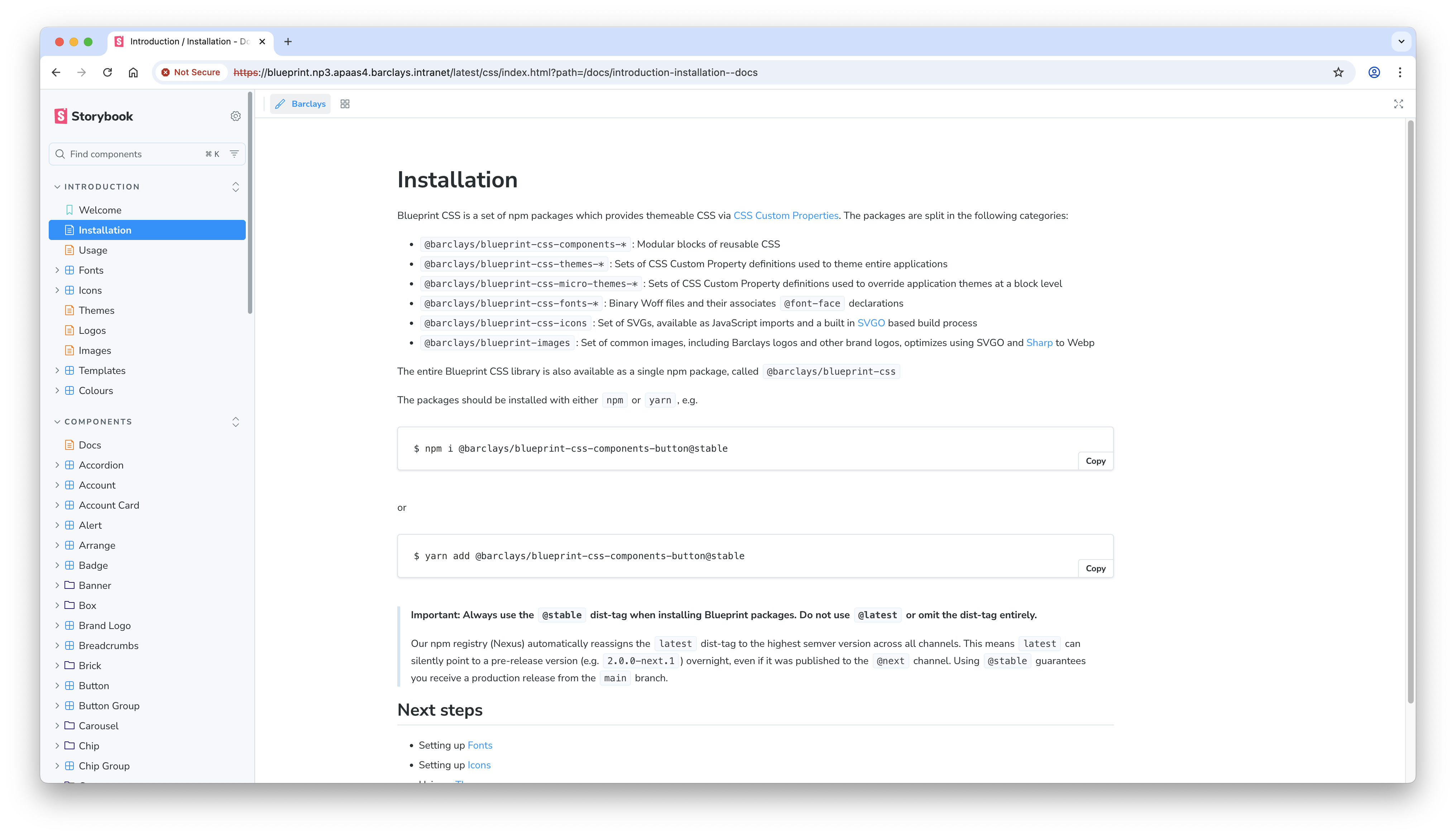 Barclays Blueprint Storybook — production React/CSS component library
