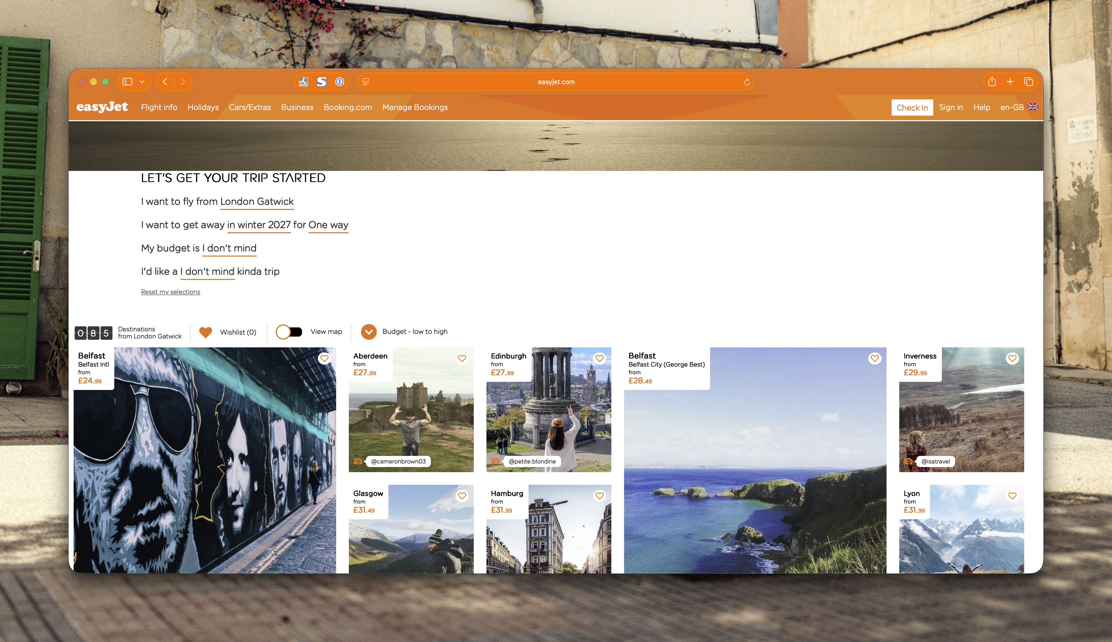 The original EasyJet Inspire Me tool — still live at easyjet.com/en/inspireme