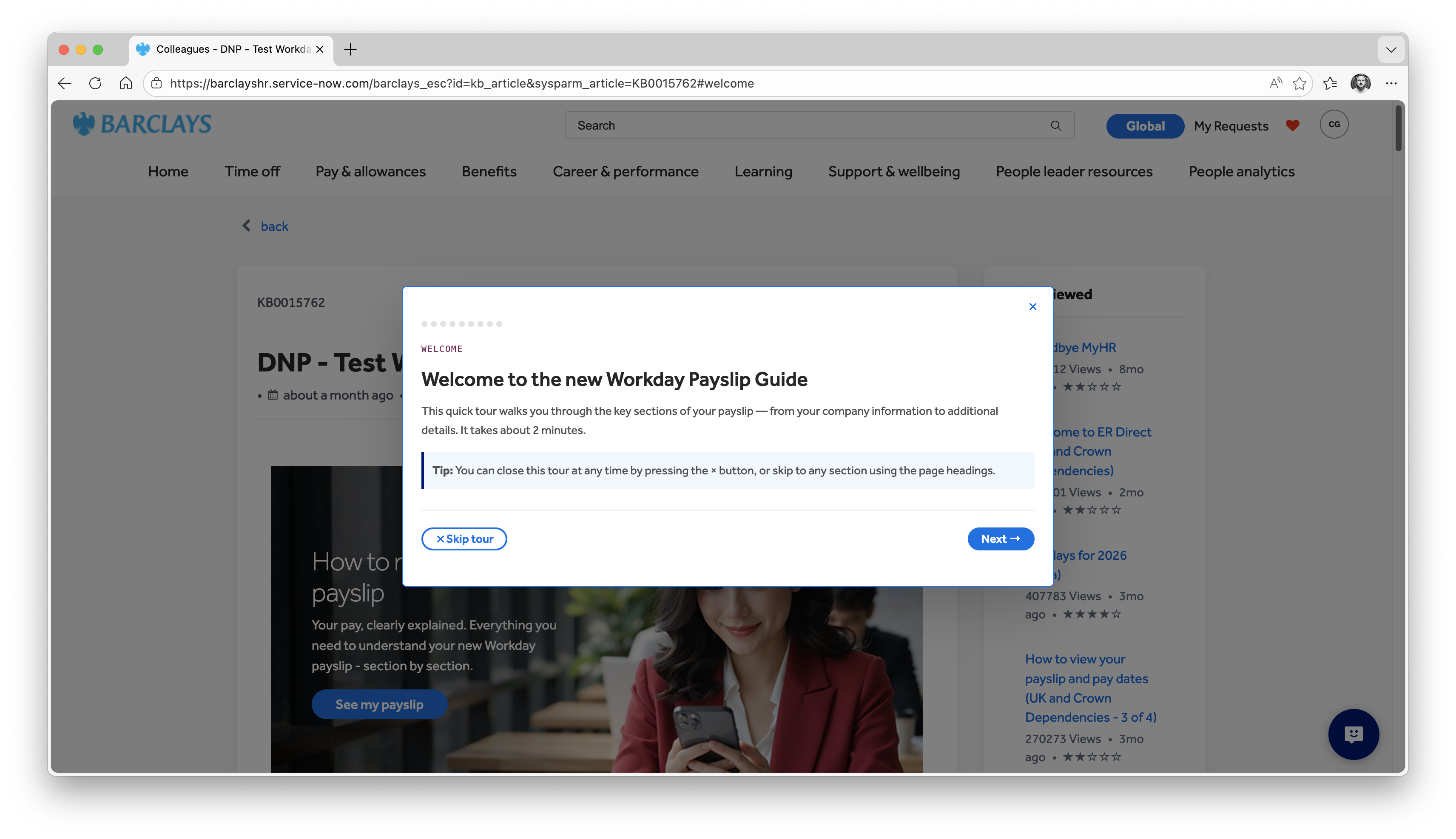 Workday Payslip Guide in ServiceNow — CSS-only modal guided tour component